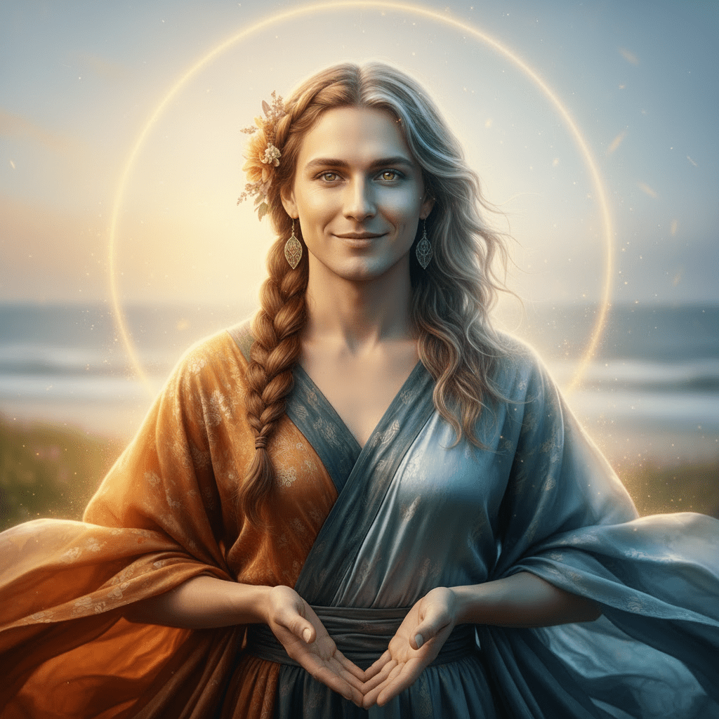 Ethereal figure with a glowing halo wearing a dual-colored robe during a coastal sunset.