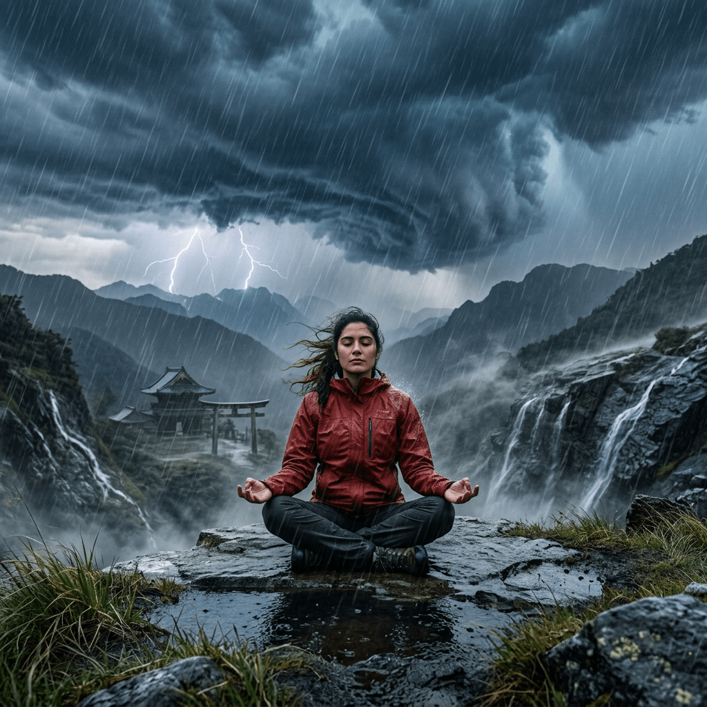 Woman sitting cross-legged meditating on rock in mountainous area with rain and lightning