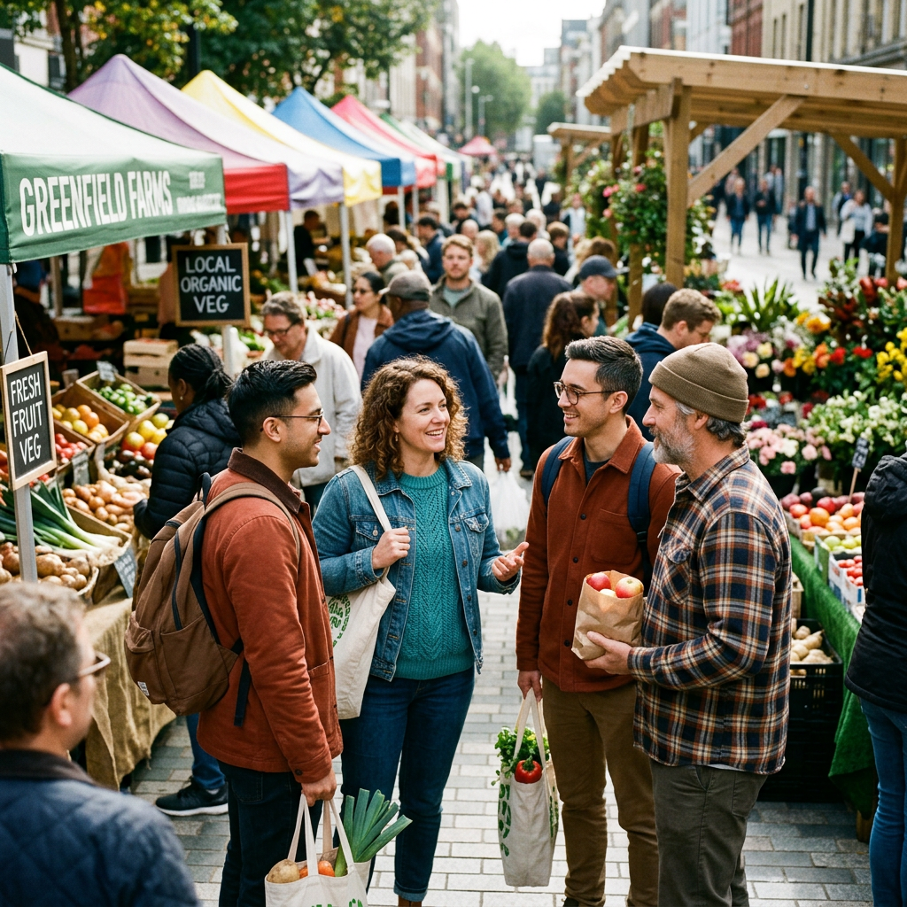 Group of people talking and shopping at a bustling farmers market with fresh fruits and vegetables