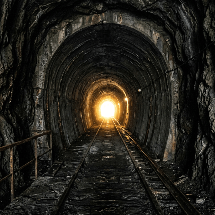 Railway tracks leading through a dark tunnel with bright light at the exit