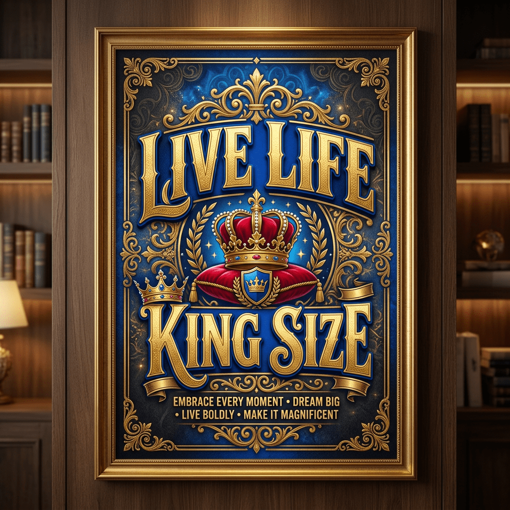 Motivational poster with crowned emblem and text 'Live Life King Size'
