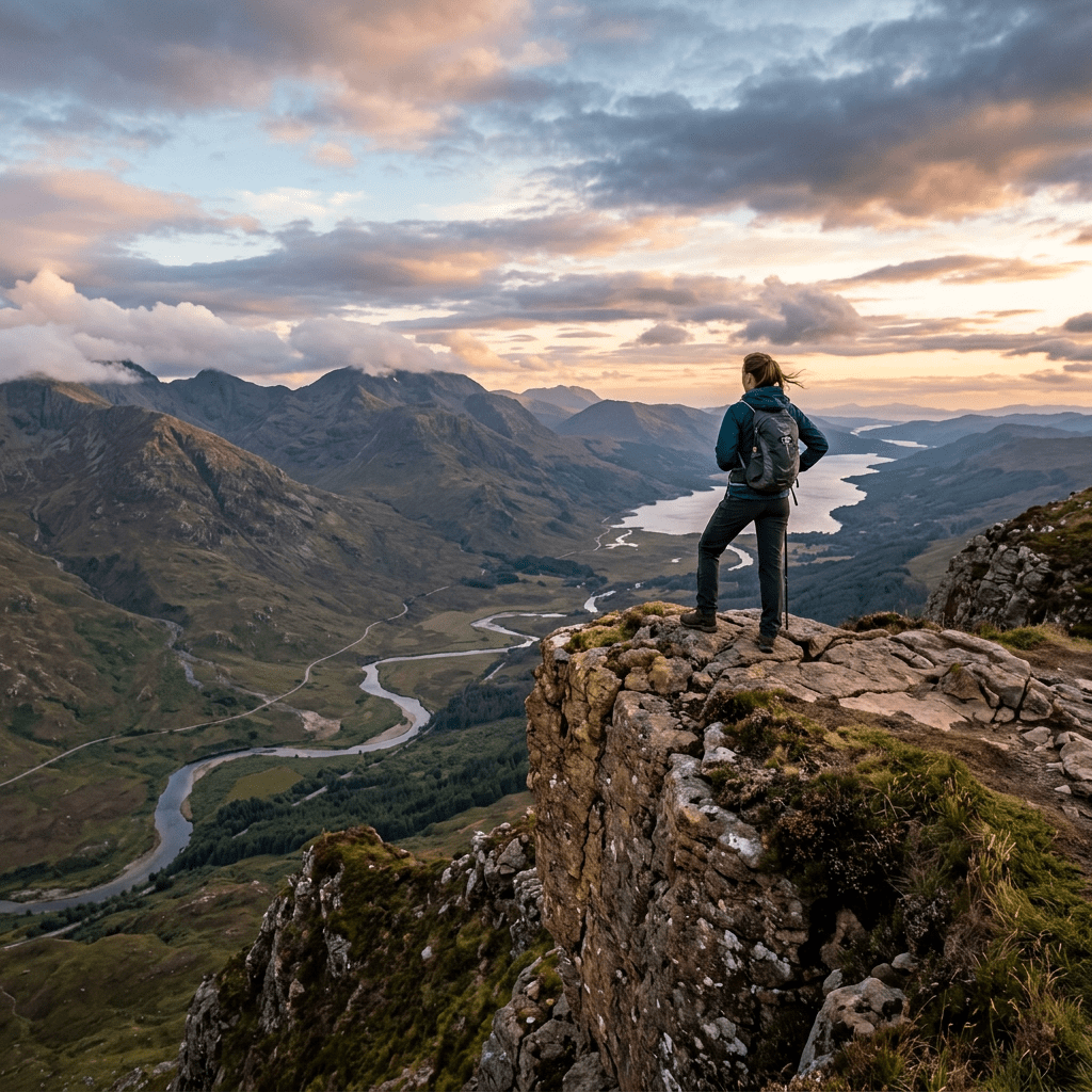 Hiker with backpack standing on rocky cliff overlooking winding river and mountain valley at sunset