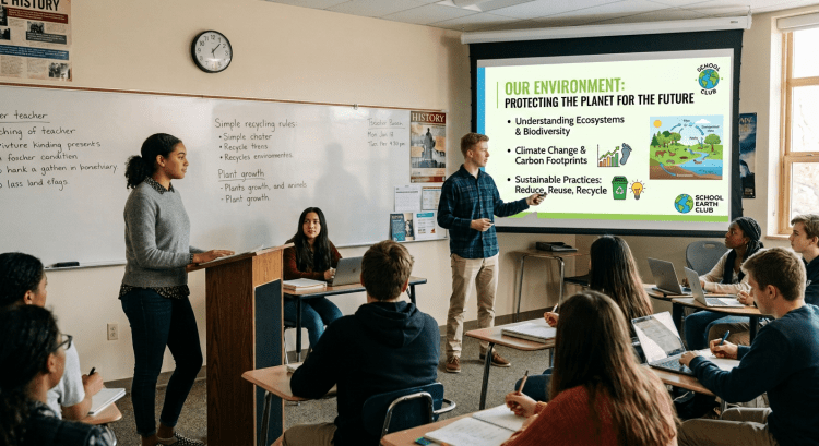 Classroom with students listening to a Cold War presentation by peers.