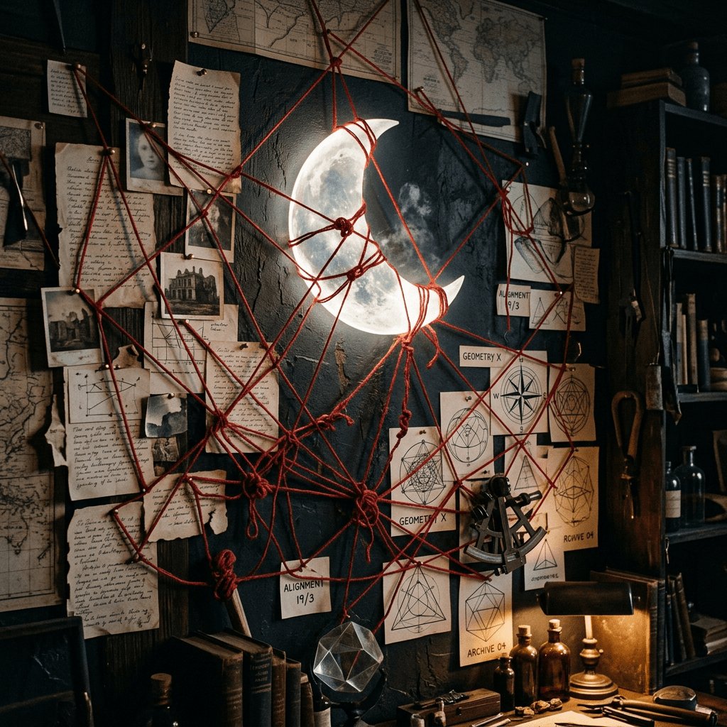 Glowing crescent moon surrounded by red strings, maps, notes, diagrams, and artifacts
