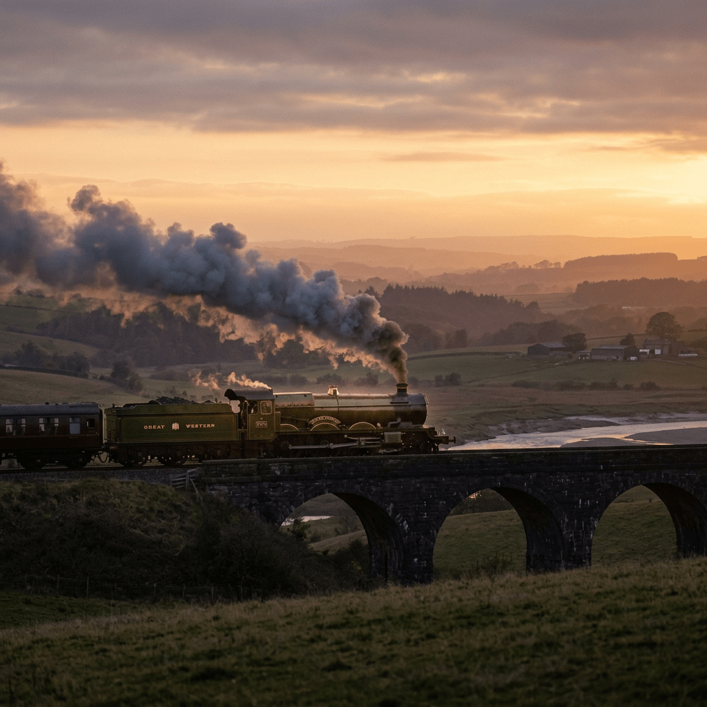 Great Western steam train crossing a stone viaduct at sunset