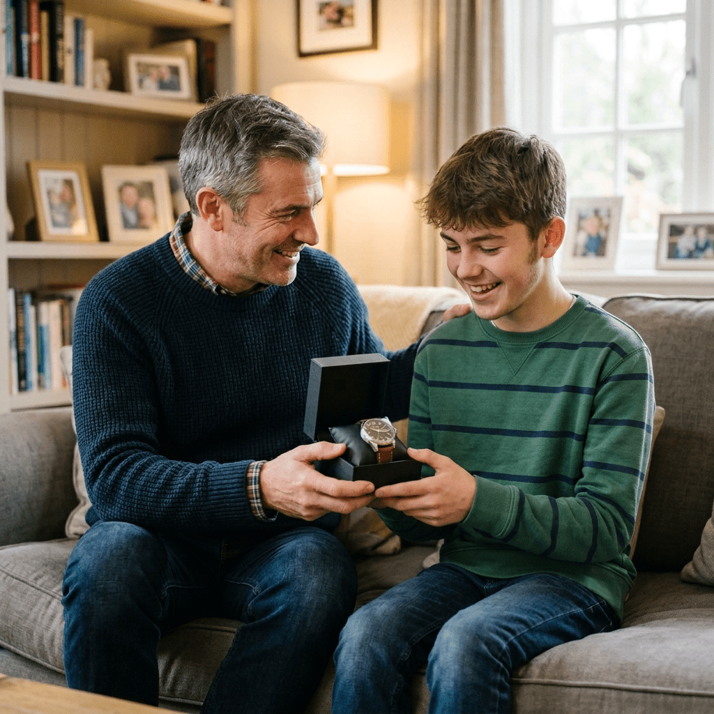 Father giving a watch to his smiling son on a sofa