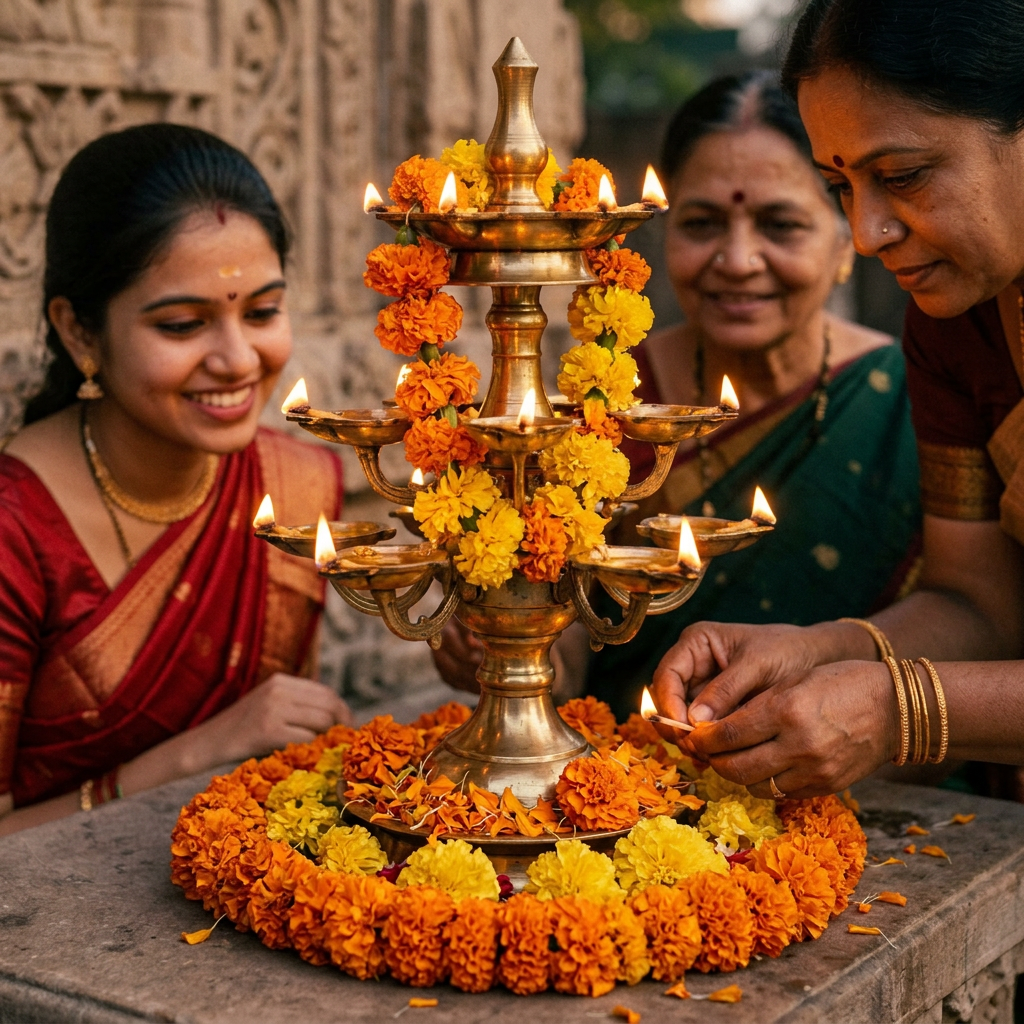 Brass multi-tiered oil lamp decorated with orange and yellow marigolds