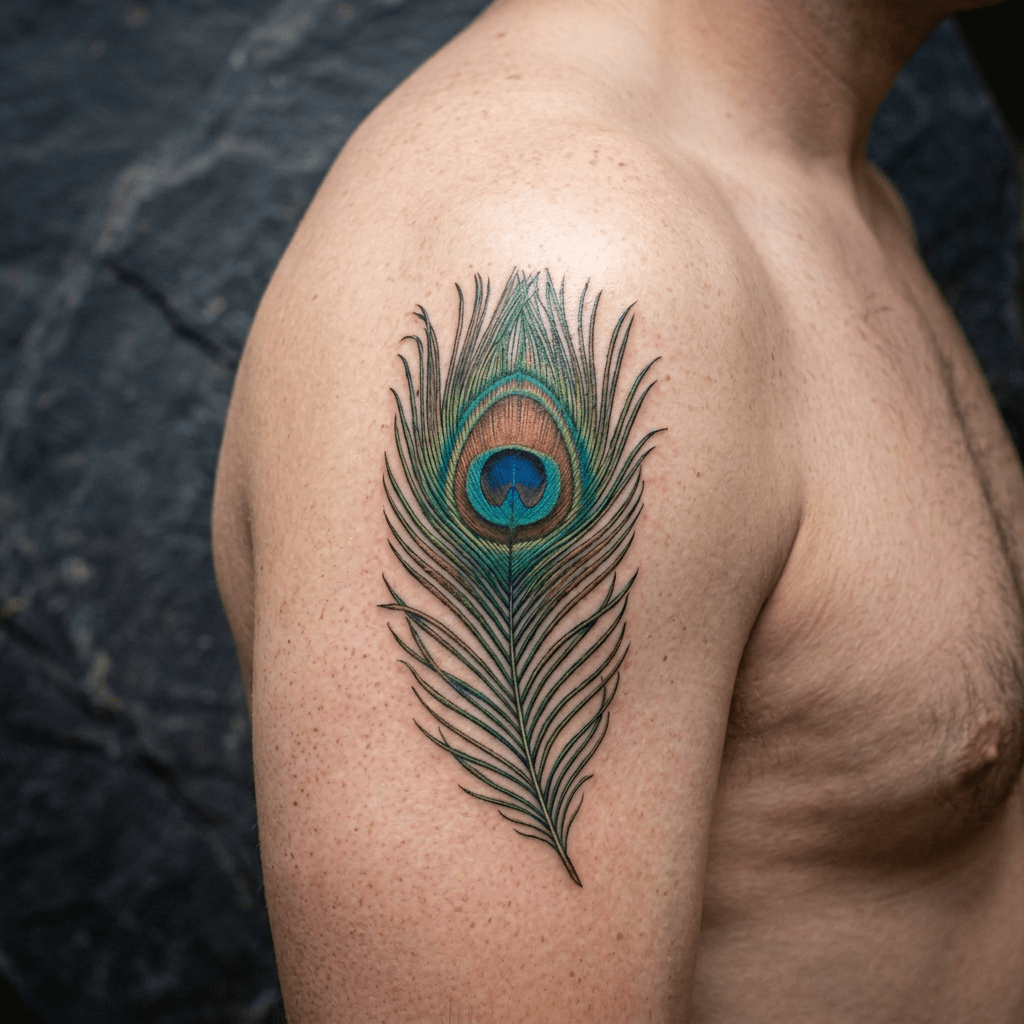 Iridescent peacock feathers arranged on a dark slate surface