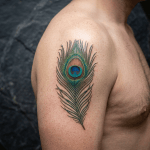 Iridescent peacock feathers arranged on a dark slate surface