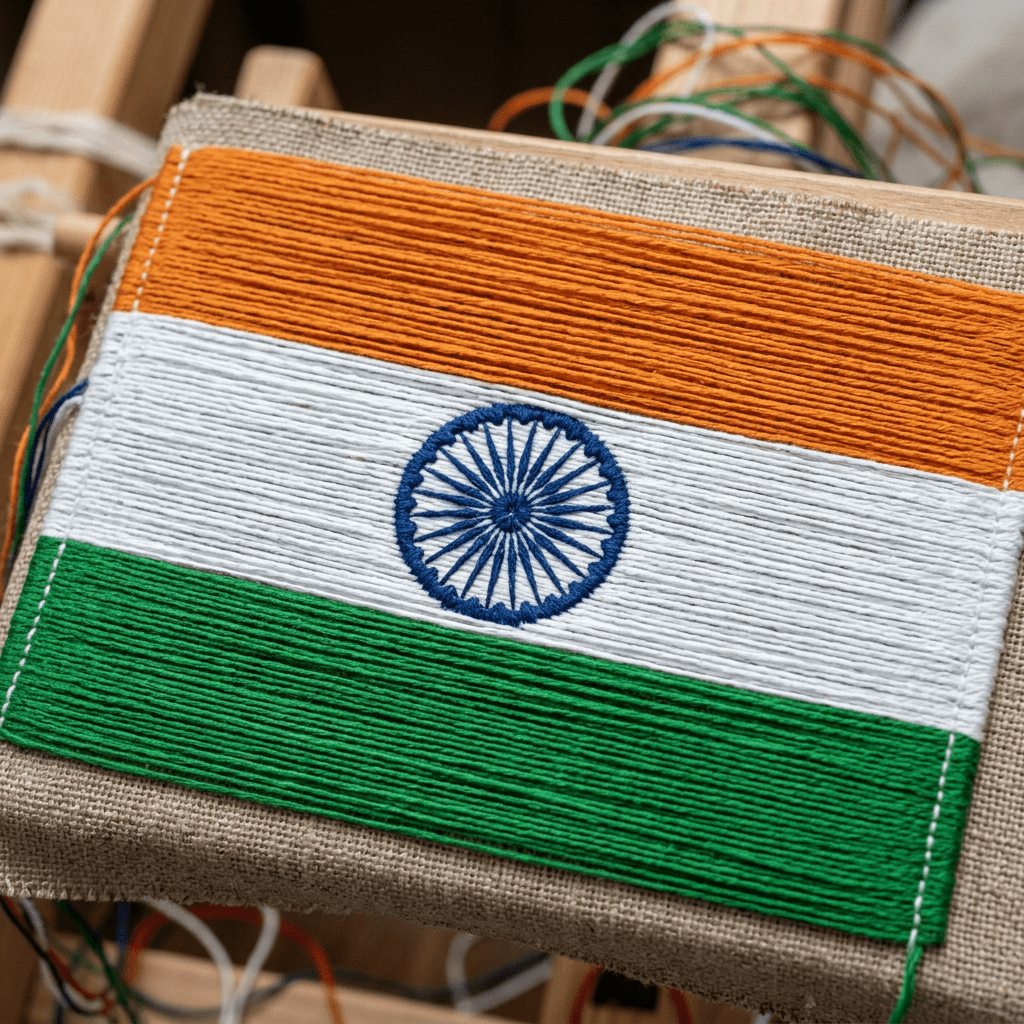 Handwoven American flag on a wooden loom with loose threads
