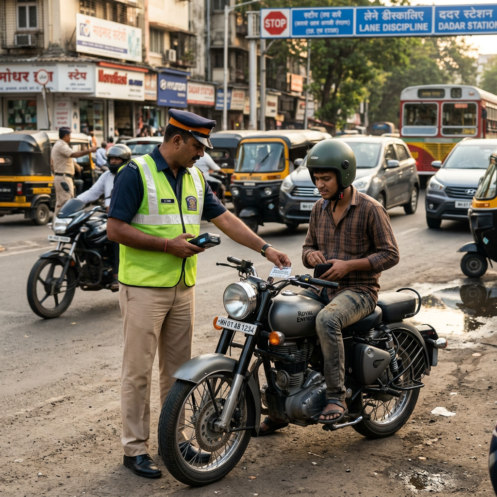 Traffic police stopping a two-wheeler rider