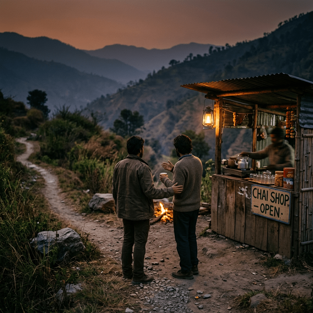 Two hikers visit a mountain chai shop beside a glowing campfire