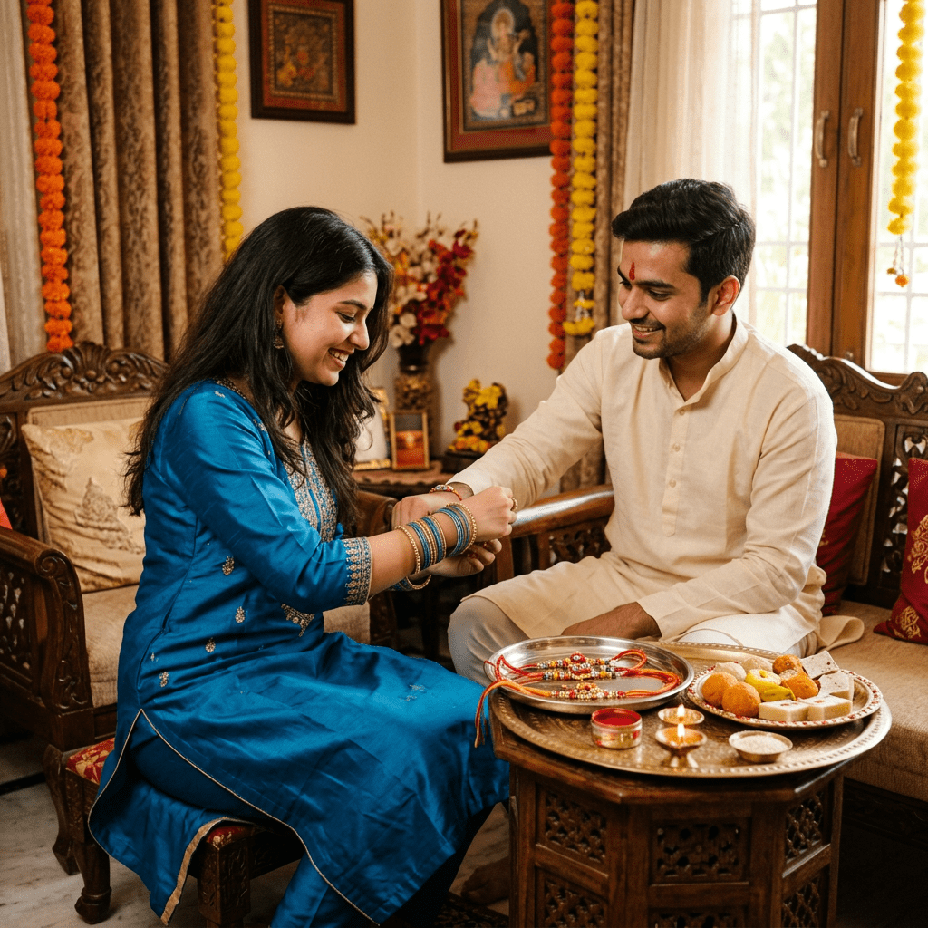 Sister tying a colorful rakhi on her brother’s wrist during Raksha Bandhan