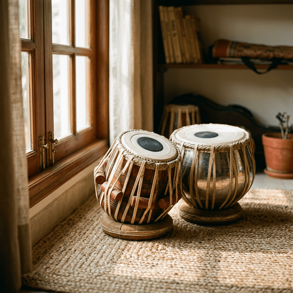 Two traditional tabla drums beside a sunlit window