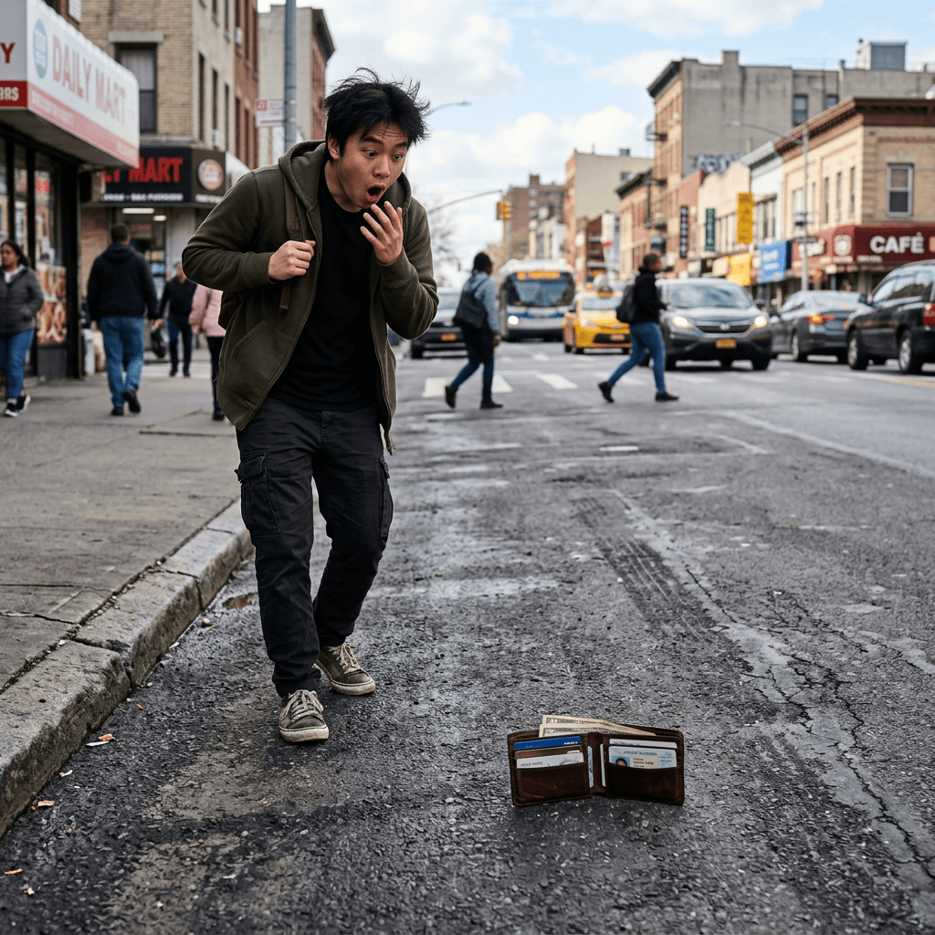 Startled man notices an open wallet on a busy city street