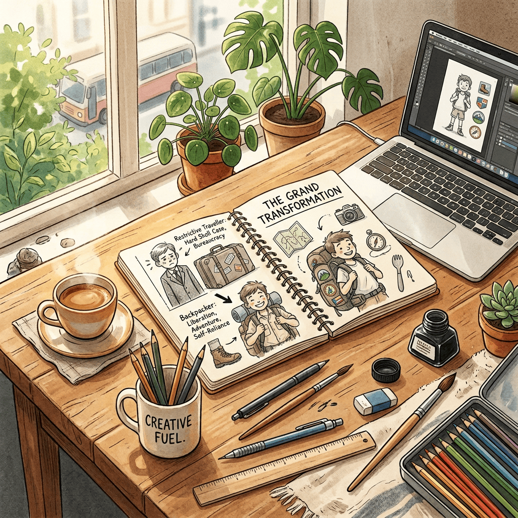 Sketchbook, laptop, art supplies, coffee, and houseplants on a wooden desk