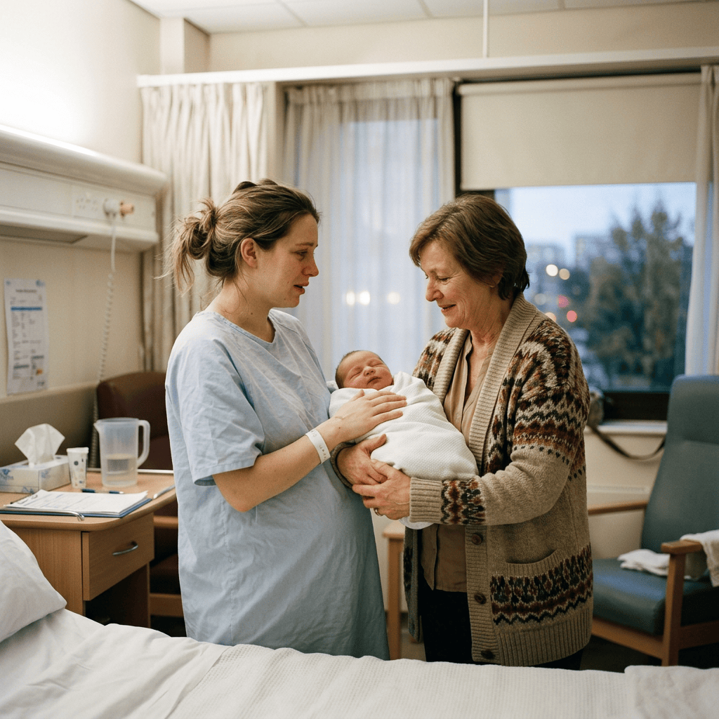 Young mother handing newborn to relative