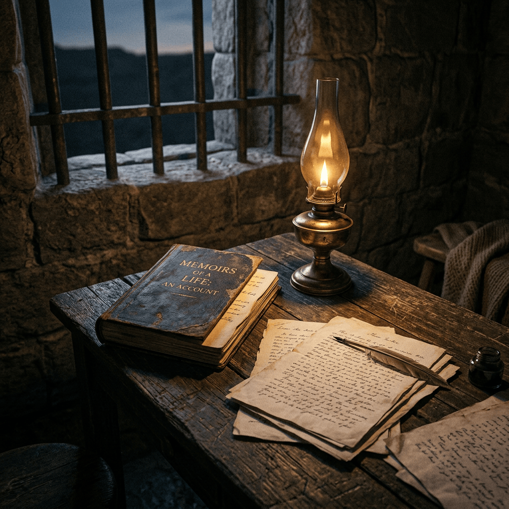 Book titled “MEMOIRS OF A AN ACCOUNT” beside handwritten pages and an oil lamp