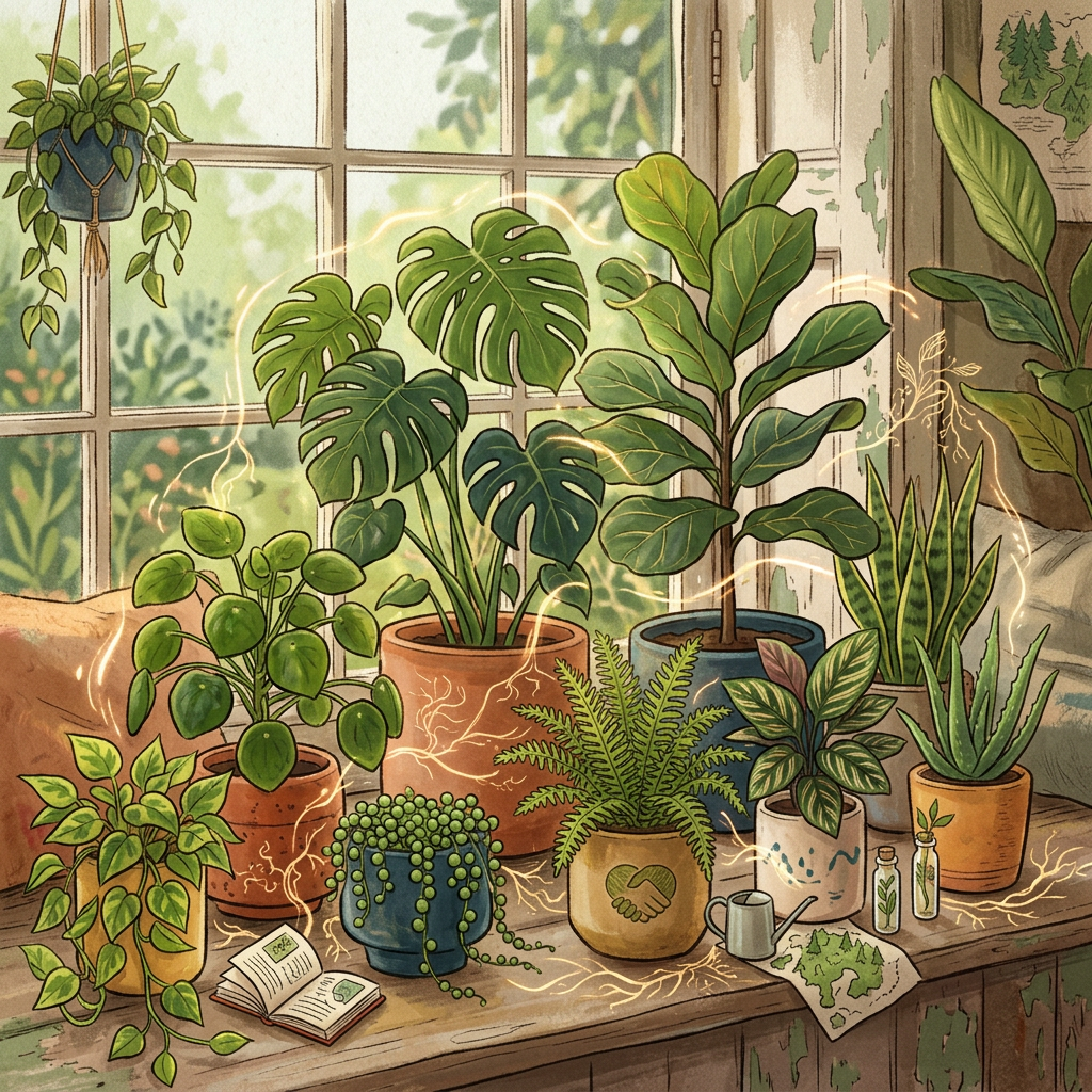 Illustration of assorted houseplants arranged on a table beside a sunny window