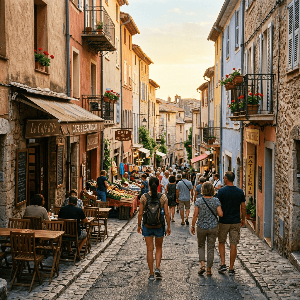 Crowded cobblestone old-town street lined with cafés, shops, and flower-filled balconies