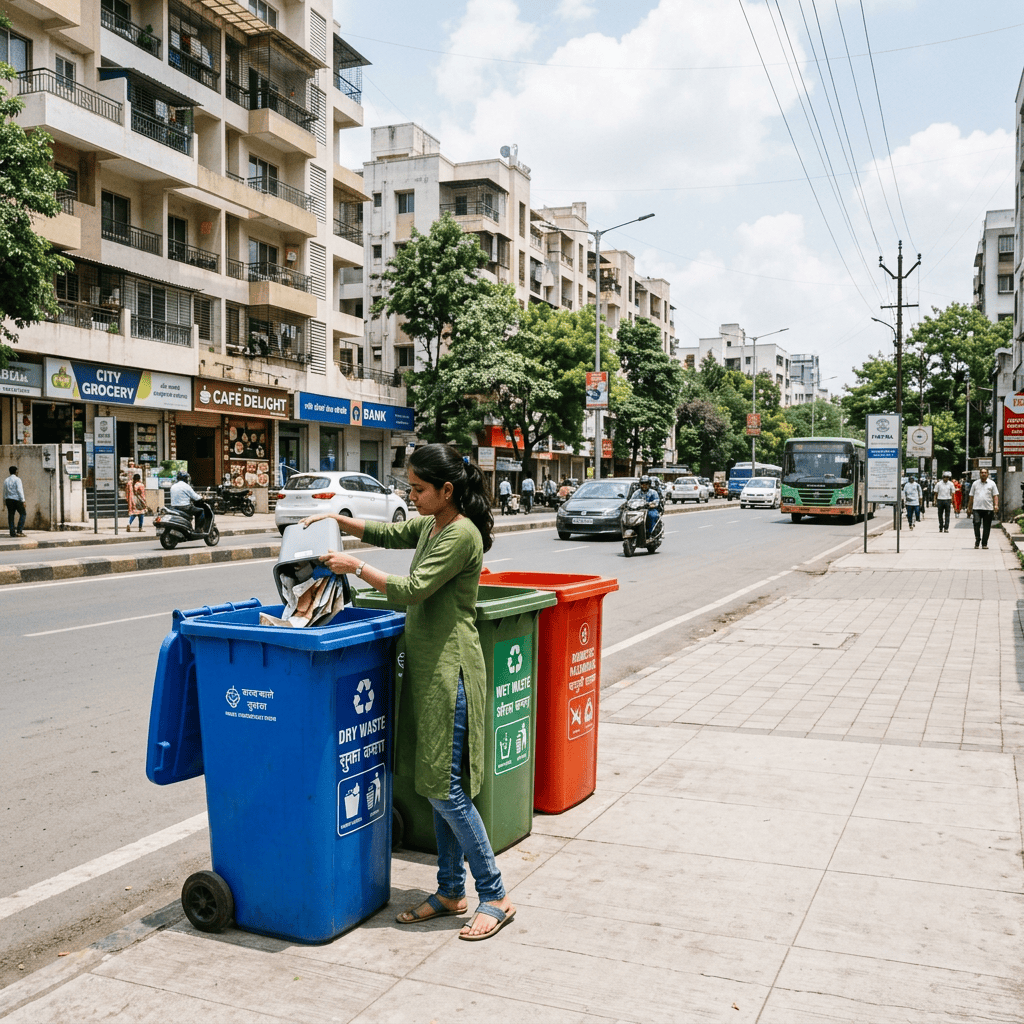 Worker sorting waste into dry, wet, and hazardous waste bins