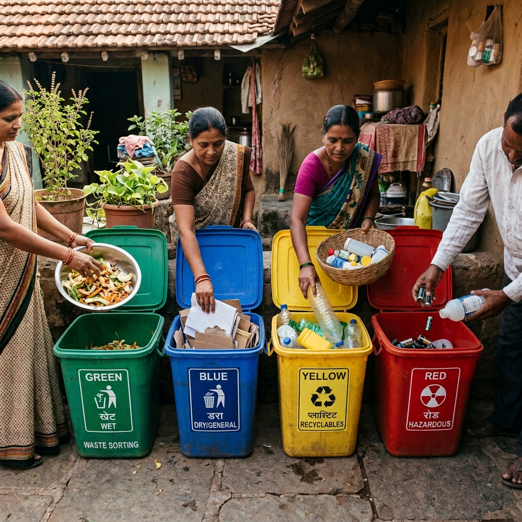 Residents sorting waste into green, blue, yellow, and red labeled bins
